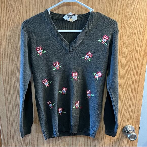Cyn Les Vintage The Hooties Owl V-Neck Pullover Sweater Women's Size Small - Picture 1 of 9